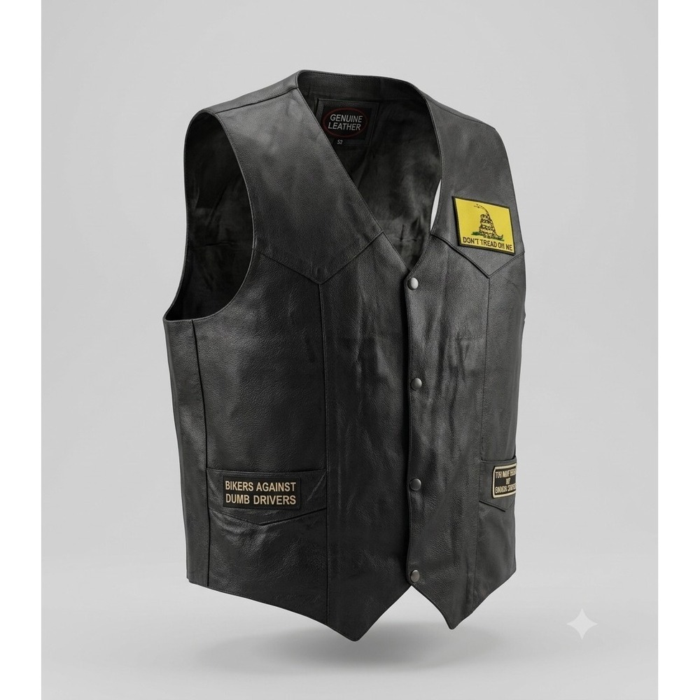 Unbranded Men's Black Leather Snap Up Motorcycle Vest w Patches. Size 52